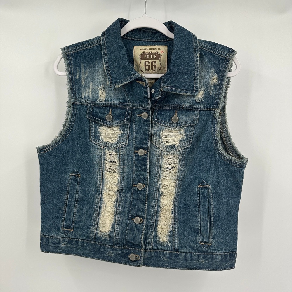 Womens Vintage Y2K Distressed Denim Vest Size XL Grunge Punk Western Rocker